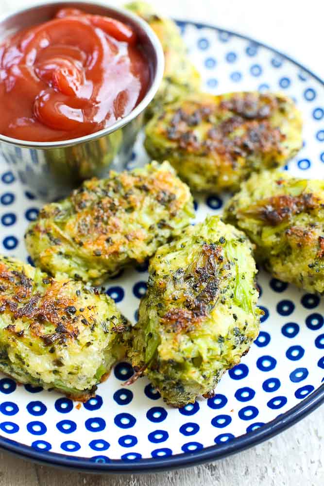 Broccoli Cheese Bites Recipe on a plate with ketchup