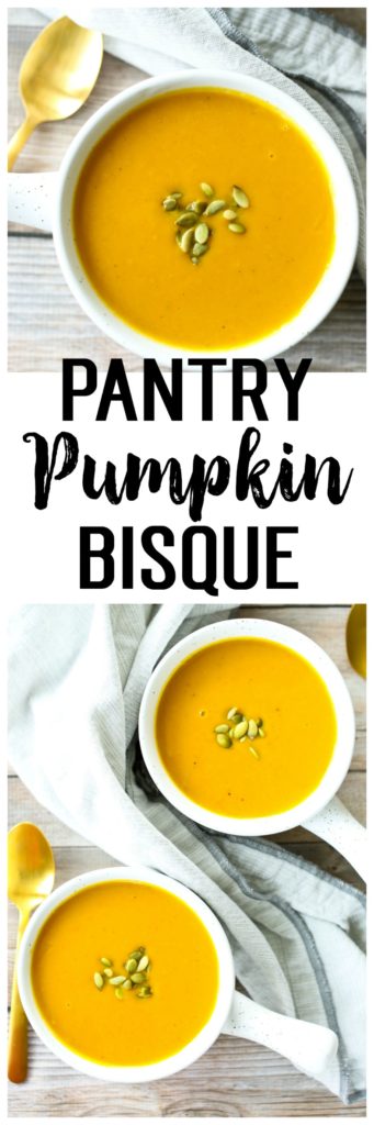 This Pumpkin Bisque is Paleo, Whole30, easily adapted to vegan, and can be made in 20 minutes with ingredients you have in your pantry. Great healthy soup recipe for weeknight dinners ideas