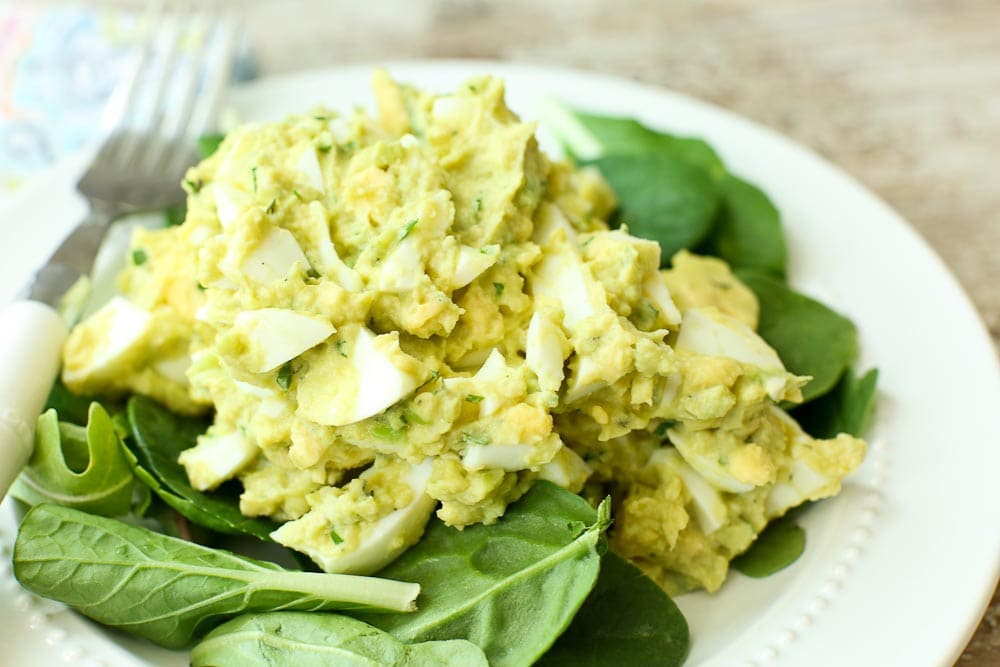 Avocado Egg Salad Recipe, no mayo, on a bed of lettuce