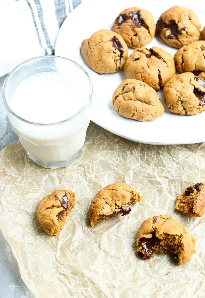 Flourless Peanut Butter Chocolate Chunk Cookies Recipe with a glass of milk