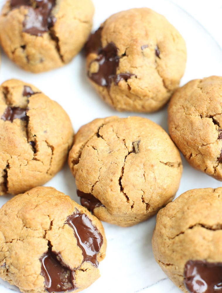 Flourless Peanut Butter Chocolate Chunk Cookies Recipe with a full plate of healthy cookies