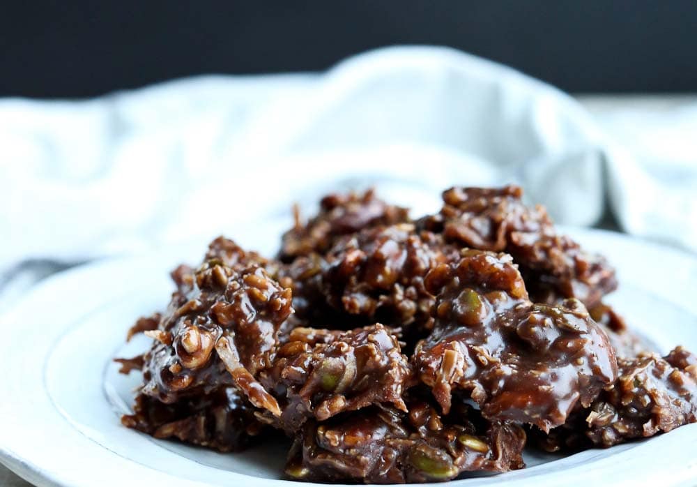A plate of Healthy Chocolate No Bake Trail Mix Cookies recipe