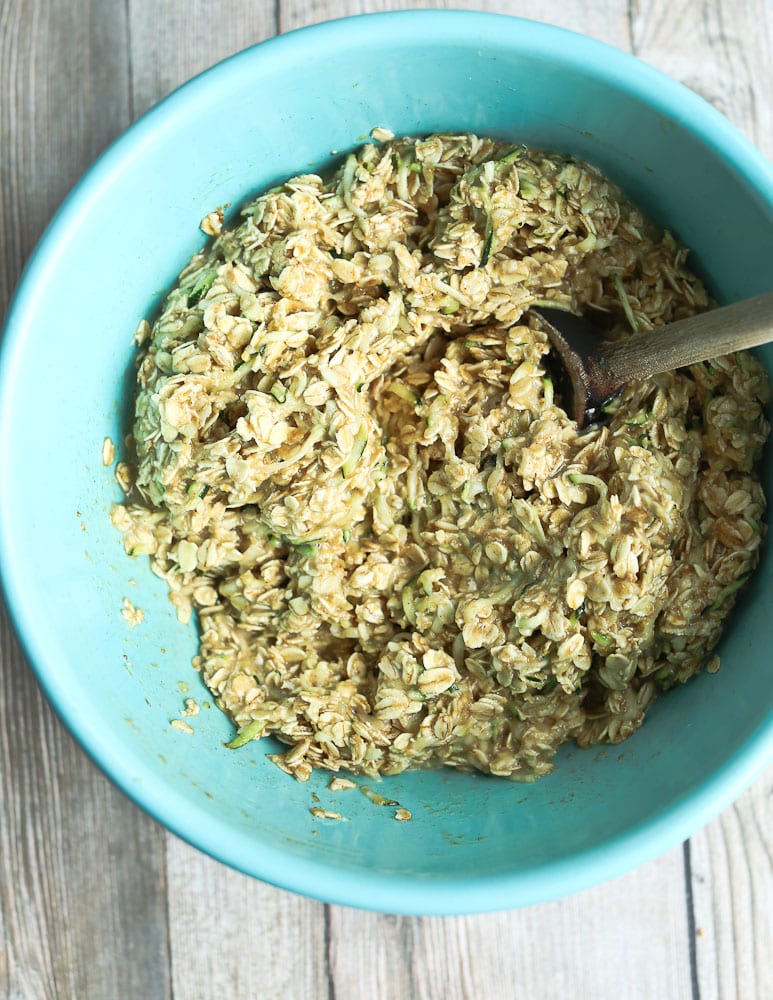 mixed up ingredients for Zucchini oatmeal Snack Bars with Chocolate Chips