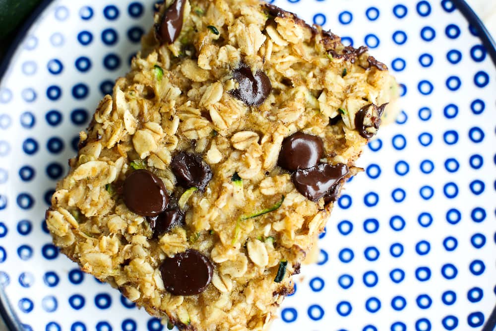 close up overhead shot Zucchini oatmeal Snack Bars with Chocolate Chips