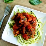 Zucchini Noodles, chunky tomato sauce, bean balls. Perfect summer #vegan meal! Healthy and easy.