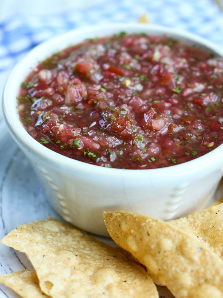 Restaurant Style Salsa Recipe Side view with chips