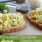 Smashed Chickpea Salad with Ciilantro Pesto on Toast. This is a quick and easy vegetarian lunch that is healthy and filling!