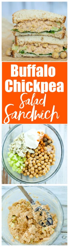 This Buffalo Chickpea Salad Recipe takes less than 10 minutes to make and tastes incredible! Great vegetarian sandwich recipe!