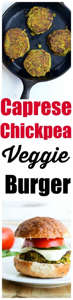 Caprese Chickpea Veggie Burger Recipe. The BEST summer veggie burger!!http://happyhealthymama.com