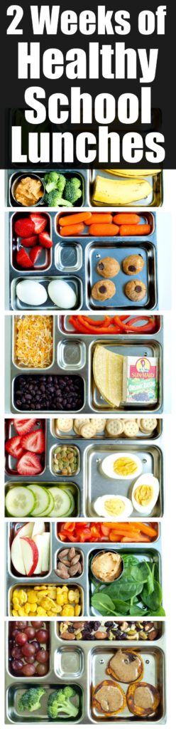 2 Weeks of Healthy School Lunches. These show healthy school lunch ideas for 2 weeks--all the combinations of healthy choices for kids!