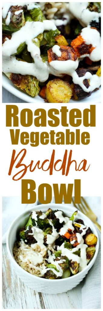 Buddha Bowl Recipe--vegan and gluten-free bowl with brussels sprouts, carrots, and broccoli and brown rice. So delicious for a healthy lunch or dinner!