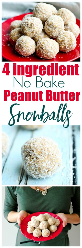 Only 4 ingredients! No Bake Peanut Butter Snowballs. These are a gluten-free treat and can also be made vegan. Great healthy and EASY recipe!