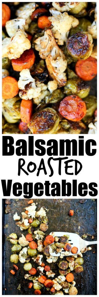 AMAZING flavor in these Balsamic Roasted Vegetables. Great healthy recipe for roasted brussels sprouts, carrots, and cauliflower. Vegetables never tasted so good as this side dish.