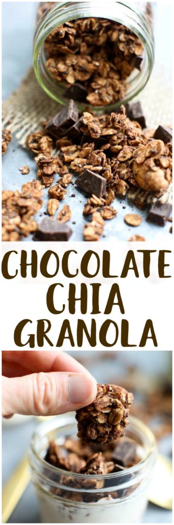 Healthy granola recipe! This Chocolate Chia Granola is filled with nutrients and omega 3s from the chia seeds. Great healthy breakfast or snack idea! Vegan and gluten-free recipe.