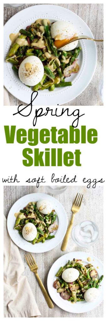 This healthy breakfast recipe is a Spring Vegetable Skillet with the most dreamy soft boiled eggs! Great way to eat more vegetables at breakfast!! 