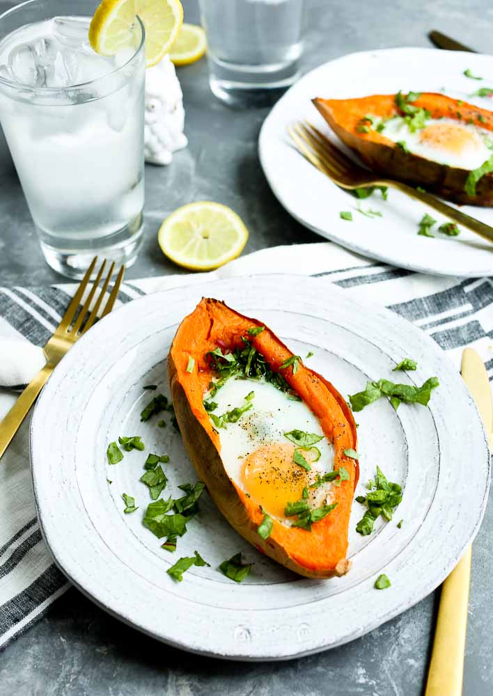 recipe for Baked Eggs with spinach in a sweet potato boat