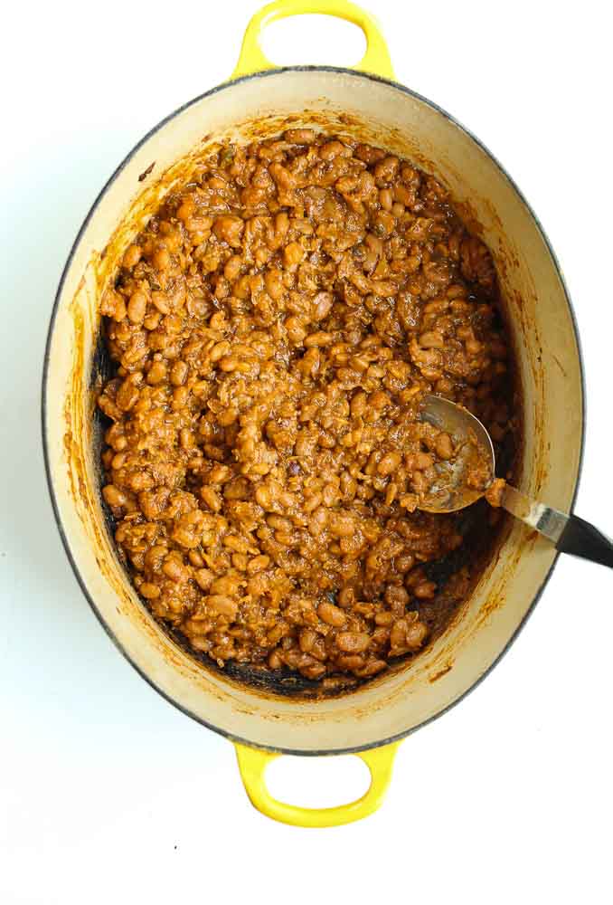 Large pot showing Homemade Baked Beans from Scratch dried beans recipe