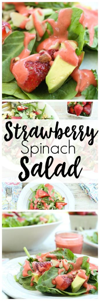 This Strawberry Spinach Salad is made with avocado and the most beautiful strawberry vinaigrette dressing. This is vegan, gluten-free, vegetarian, no sugar added healthy salad recipe!