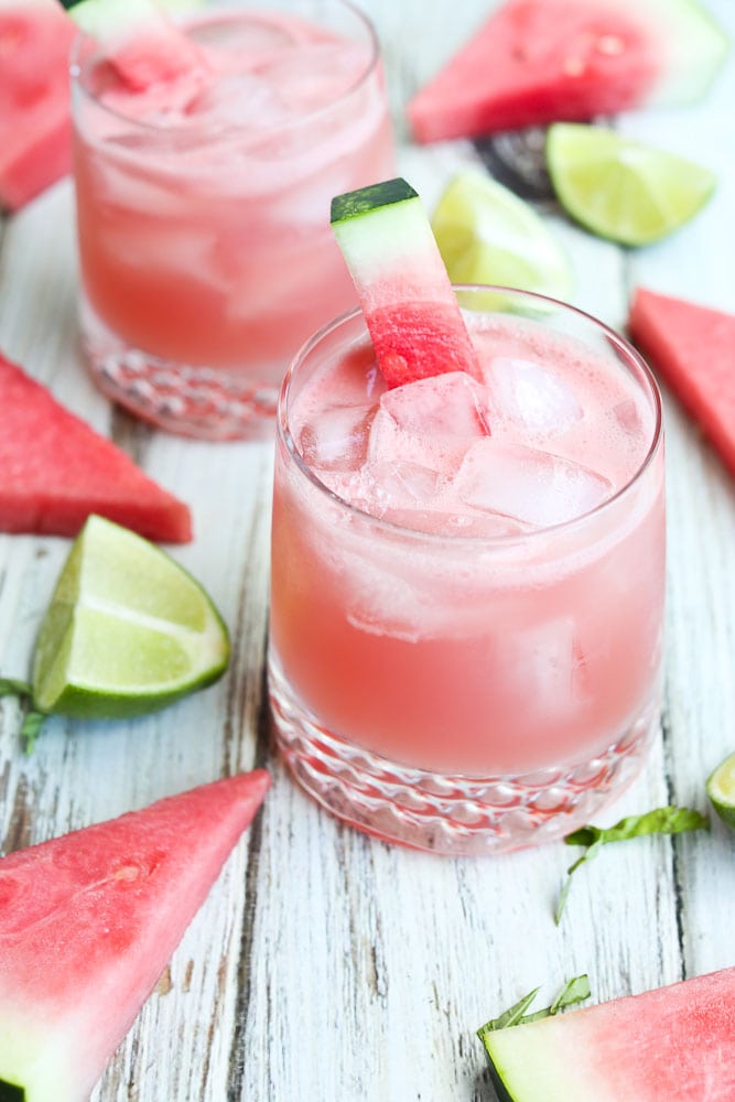 Watermelon Daiquiri with Basil Recipe one glass with watermelon garnish