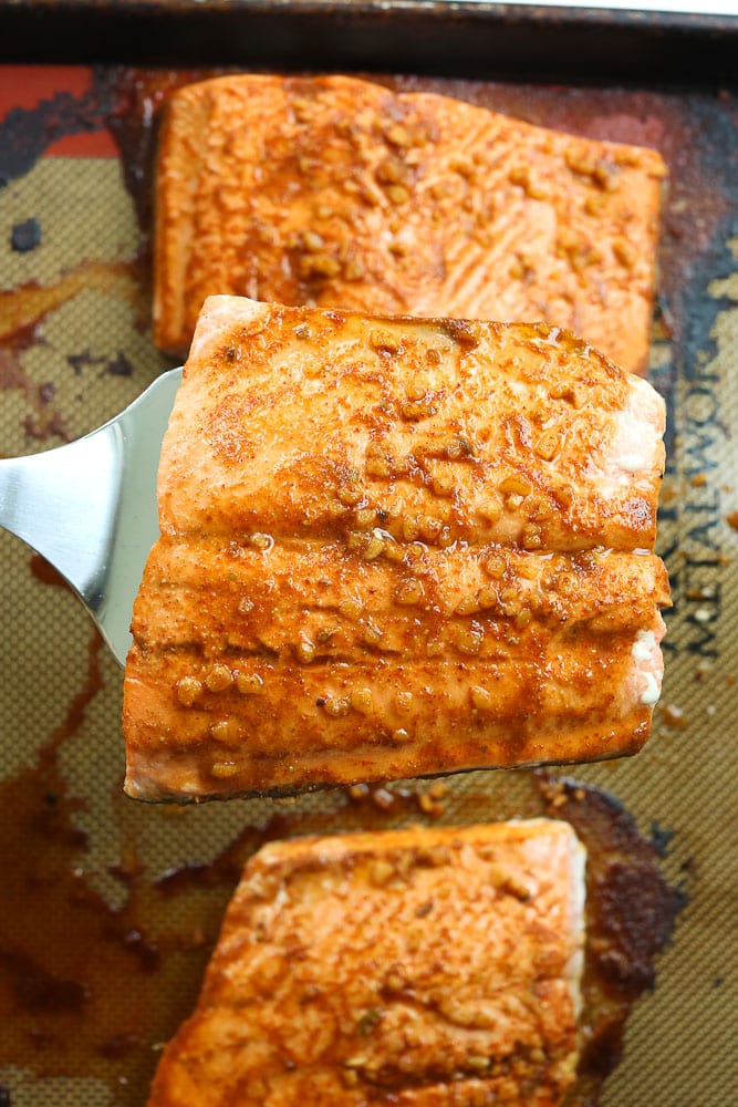 Chili Lime Baked Salmon on baking sheet