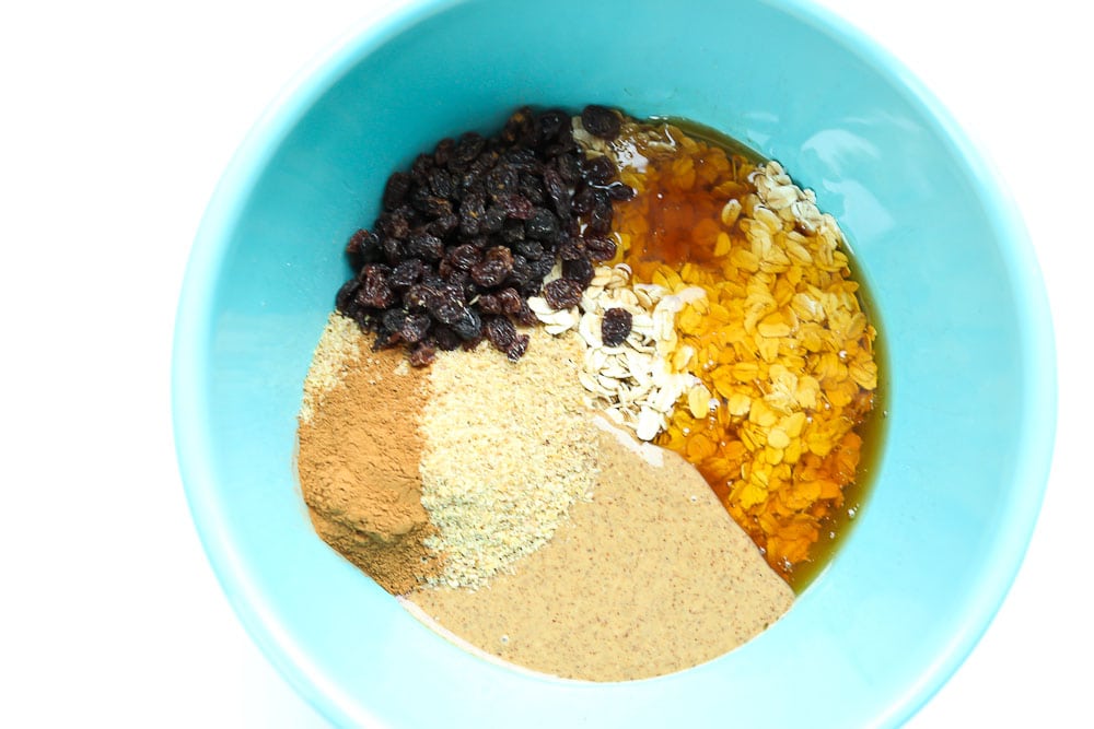 Bowl of ingredients for Oatmeal Cookie Energy Balls recipe