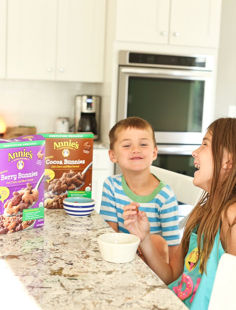 Meghan and Luke eating Annie's Bunnies cereal