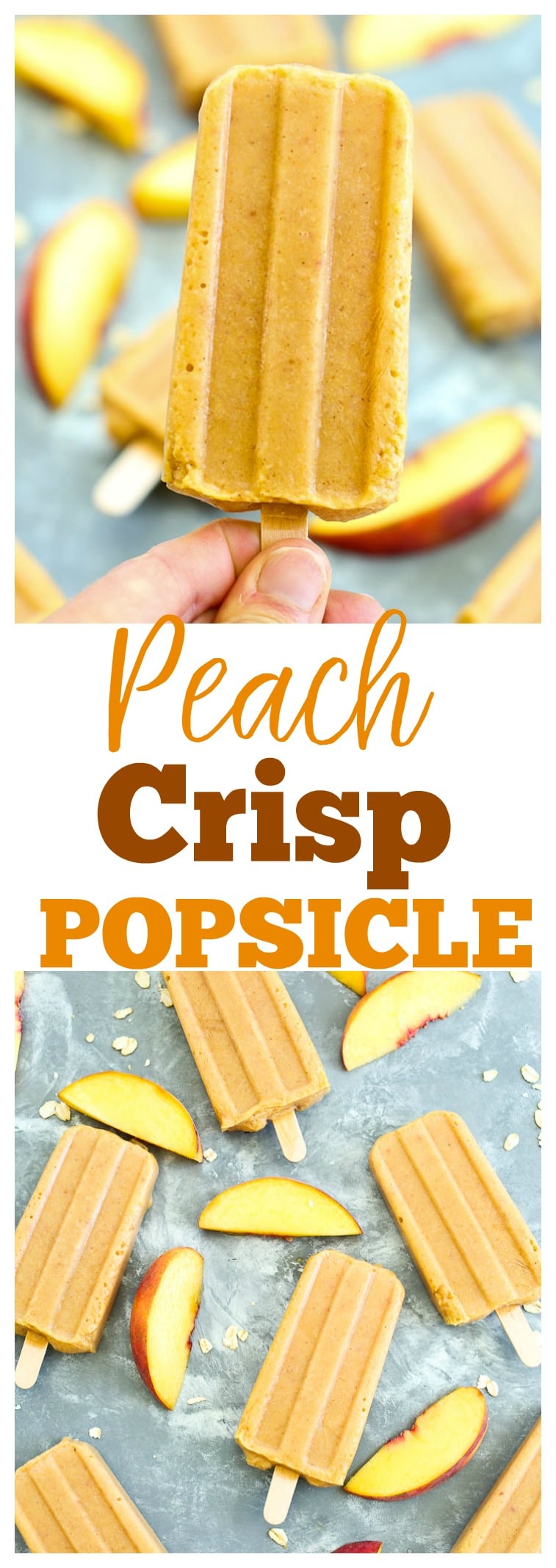 Healthy homemade popsicles are bomb! These Peach Crisp Popsicles taste JUST LIKE peach crisp! Whaaat? Healthy dessert recipe for summer!