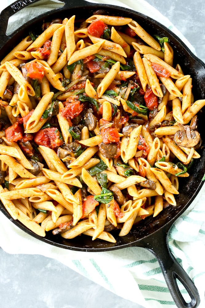 Whole Wheat Penne with Mushrooms, Spinach, and Tomatoes - Happy Healthy