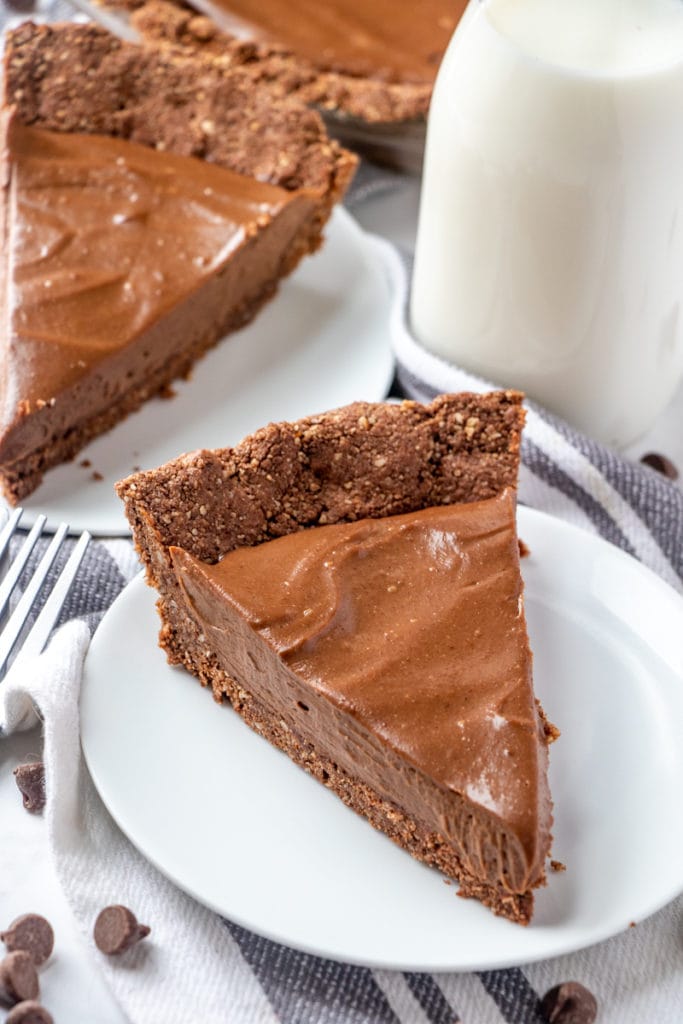 overhead shot of a slice of the vegan chocolate pie