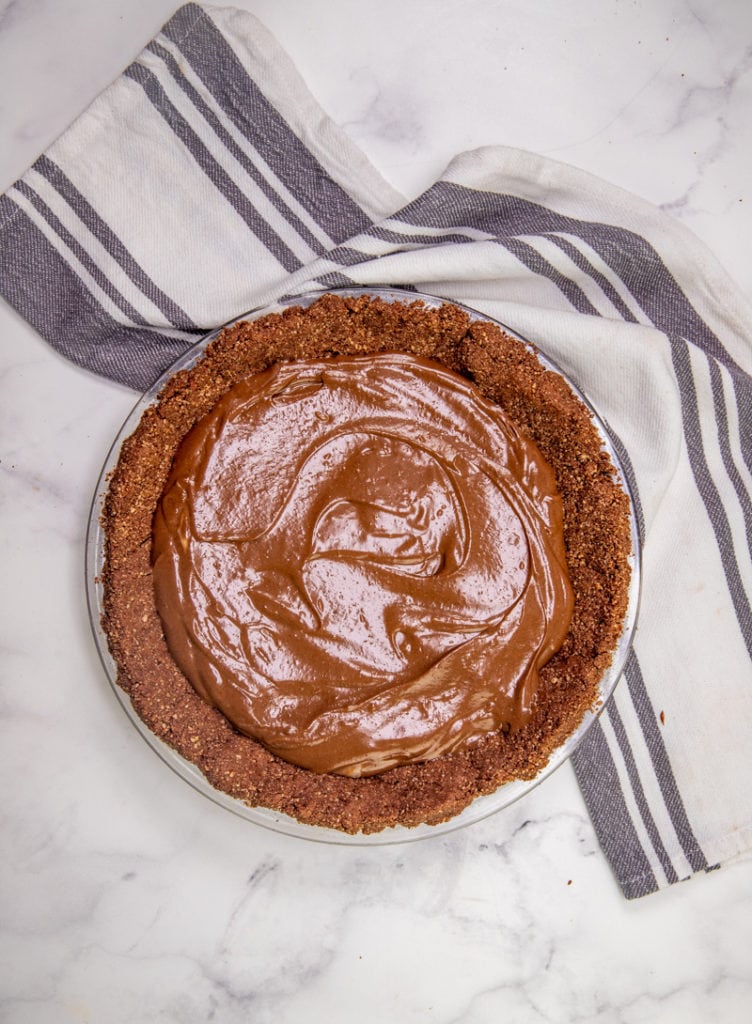 overhead shot of creamy chocolate vegan pie