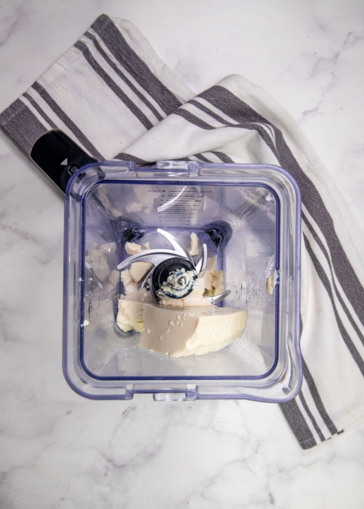 overhead shot of tofu in blender