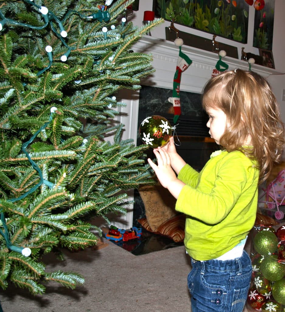 Putting the ornaments on the tree