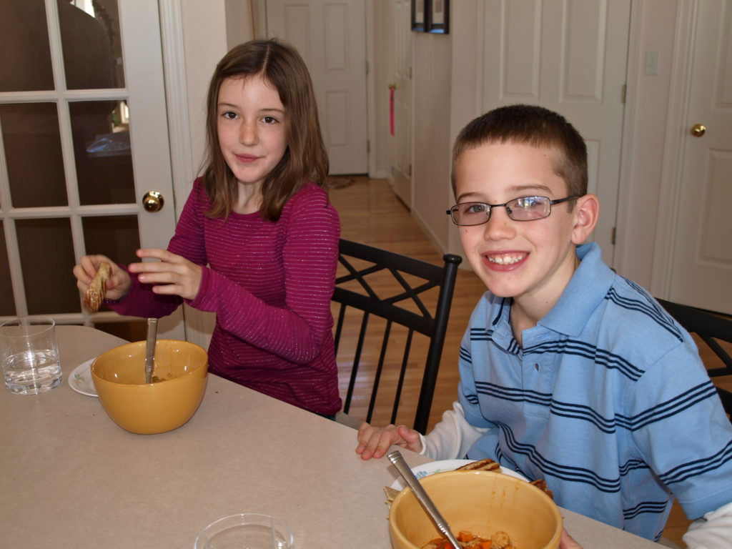 Garret and Kailynn eating Alphabet Vegetable Soup