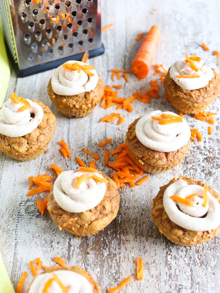 Carrot Cake Cupcakes- overhead shot with cream cheese frosting healthy recipe