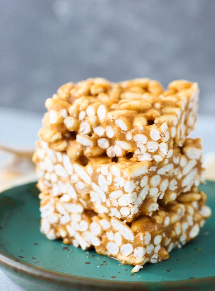 Healthier Than Rice Krispie Treats a stack of 3 on a green plate