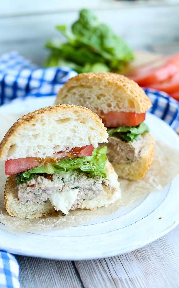 Mozzarella-Stuffed Basil Turkey Burgers - Happy Healthy Mama