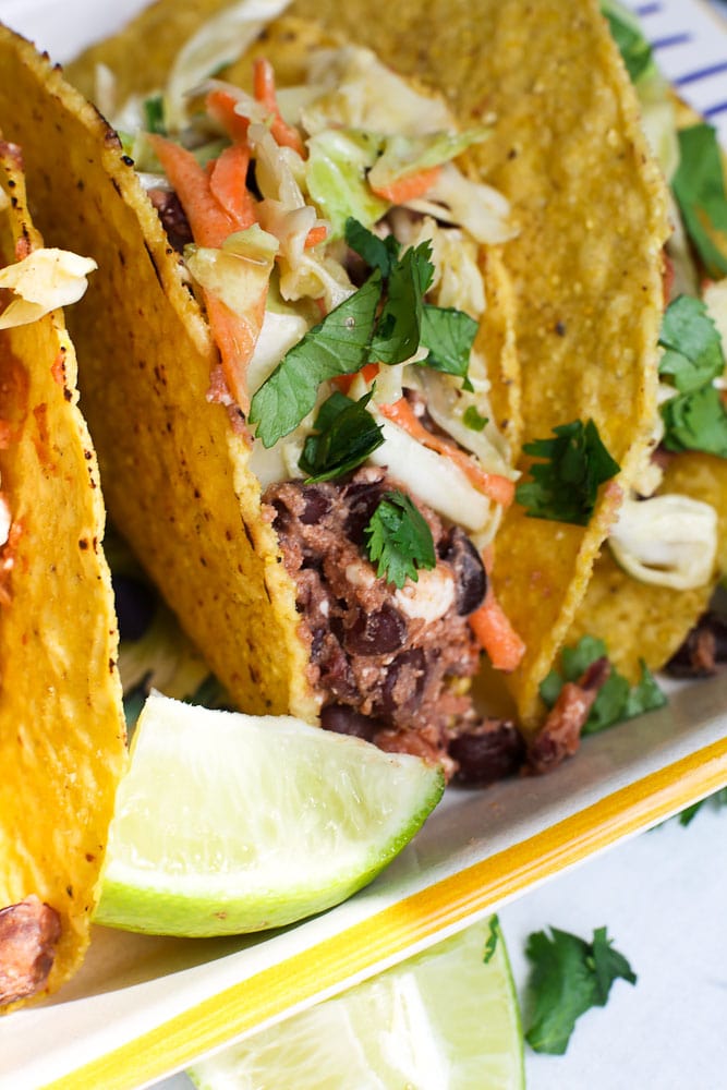 Smoky Black Bean Tacos Recipe close up shot with no mayo coleslaw