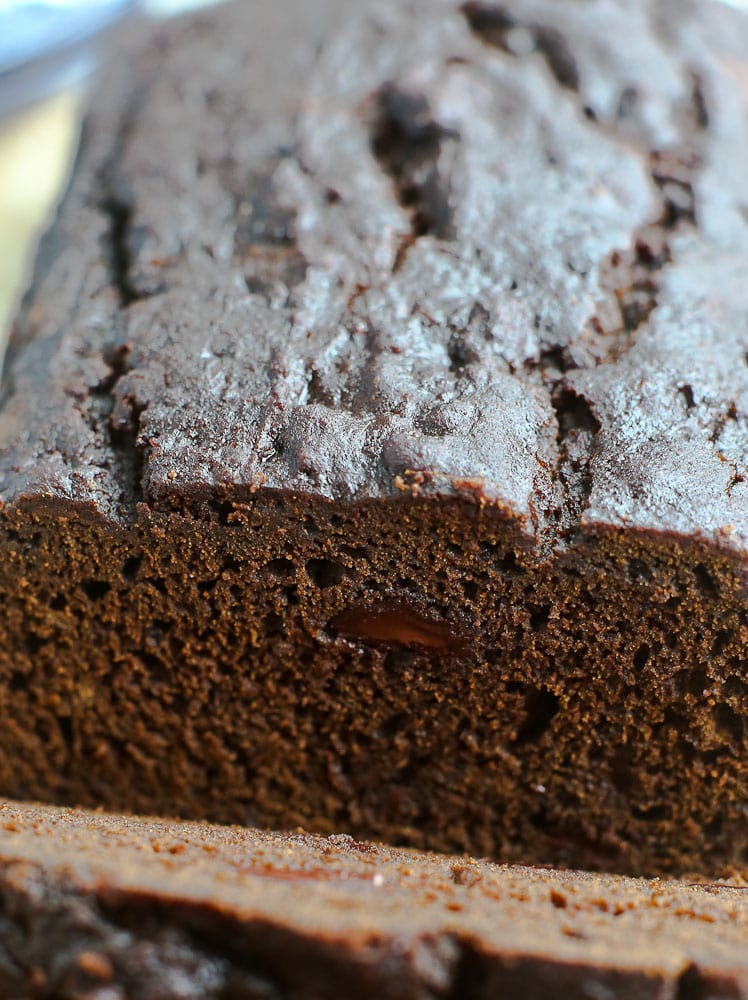 close up shot showing texture of Pumpkin Molasses Quick bRead with chocolate chips recipe