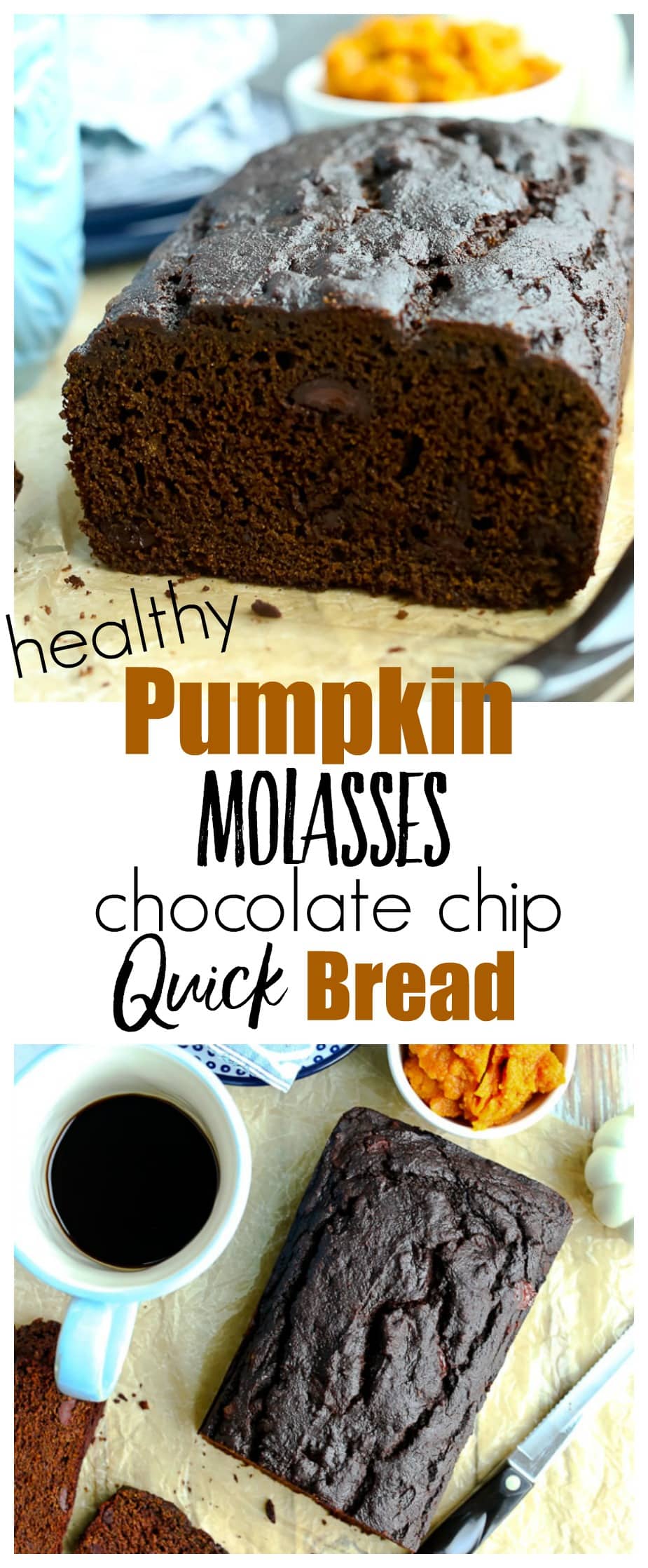 Pumpkin Molasses Quickbread with chocolate chips recipe. Perfect for fall and winter weather--this is a healthy recipe that is great for breakfast, snack, or dessert. Whole grains and no refined sugar