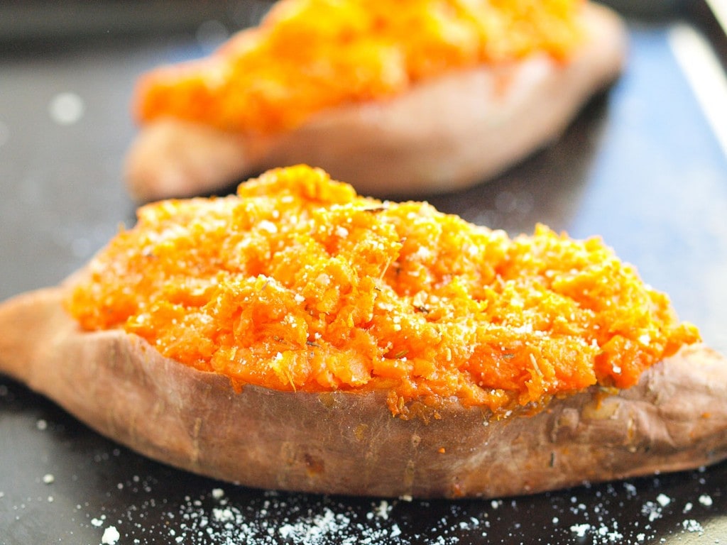 Savory Twice Baked Sweet Potatoes. With 10 minute prep time, these are easy enough to have for a weeknight dinner. But they LOOK much harder and taste incredible so they could totally be a holiday dish, too. I love recipes like this! 