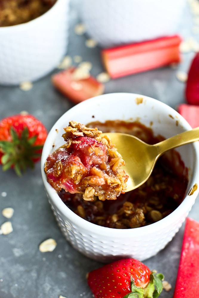 Strawberry Rhubarb Crisp recipe on a spoon