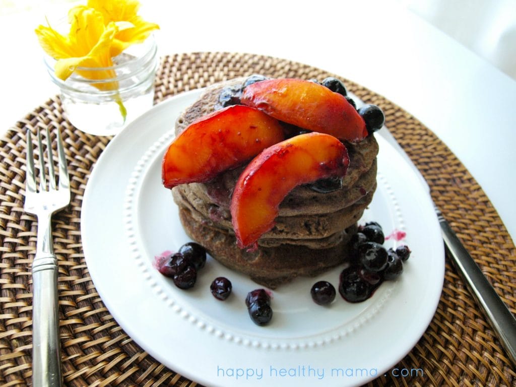 Buckwheat pancakes with roasted peaches and blueberries {gluten free