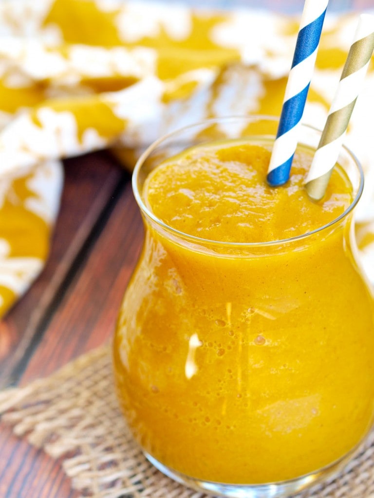 DRINK your vegetables with this Butternut Squash Smoothie recipe! There is a delicious, healthy smoothie that is filled with fall flavors! Perfectly spiced, and sweetened with dates and maple syrup. So good!!