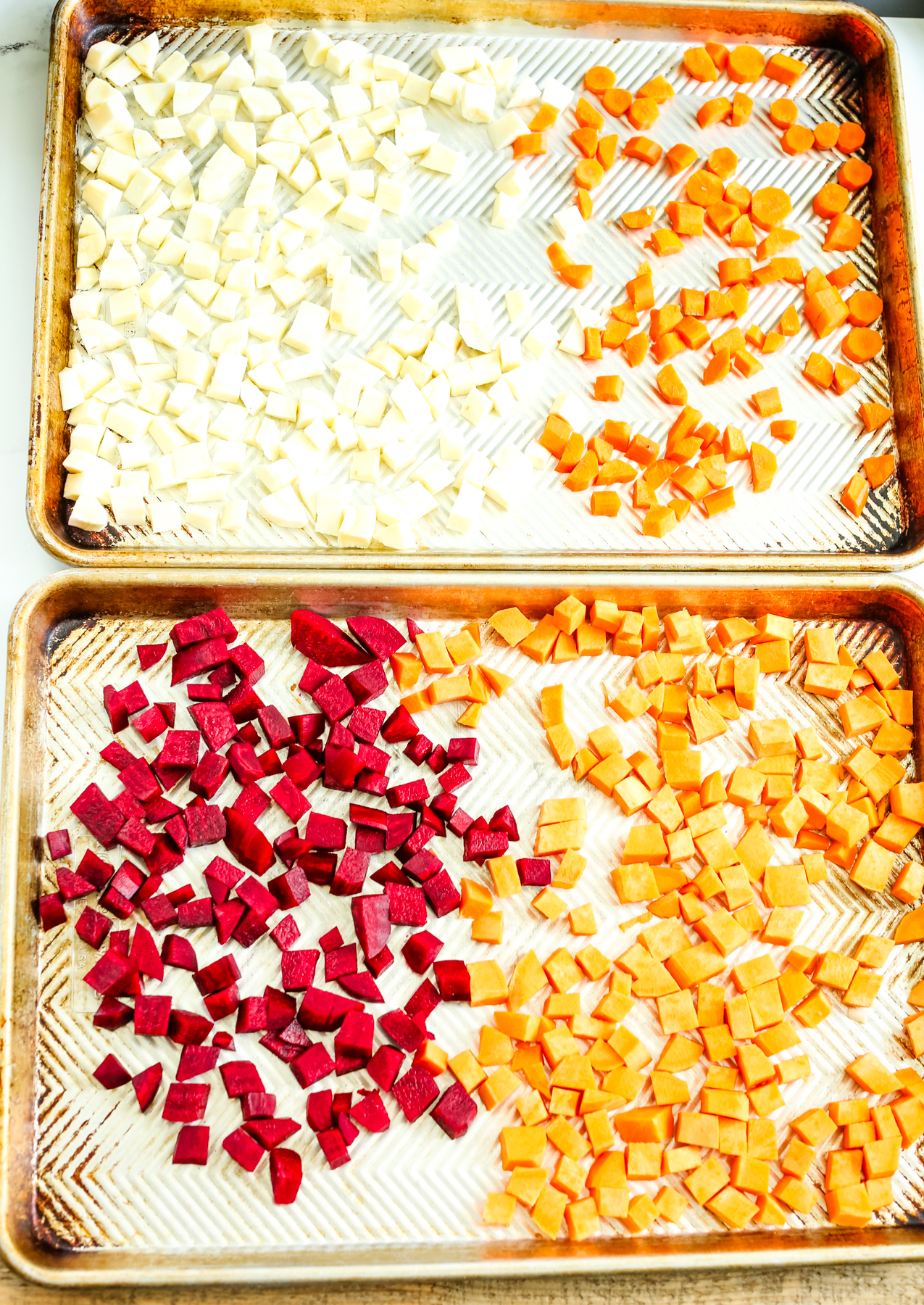 diced vegetables on a sheet pan