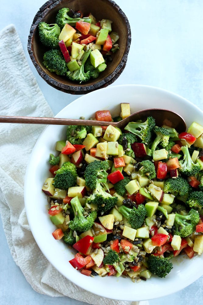 Lemony Broccoli Salad recipe whole bowl with spoon