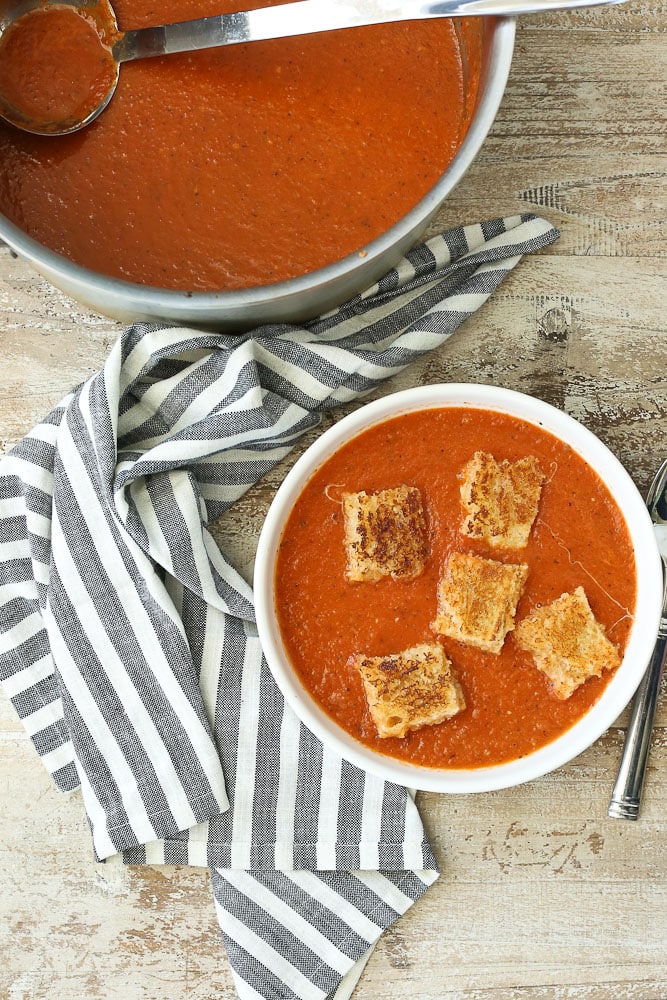 Easy Tomato Soup With Grilled Cheese Croutons Happy Healthy Mama