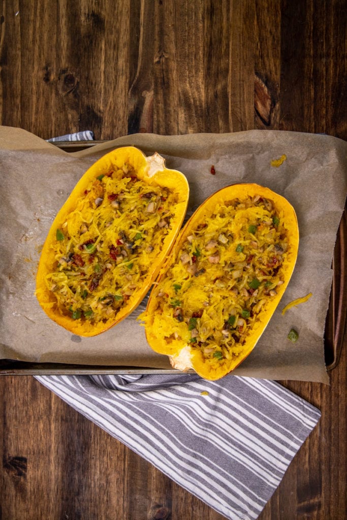 Italian baked spaghetti squash before baking on a sheet pan