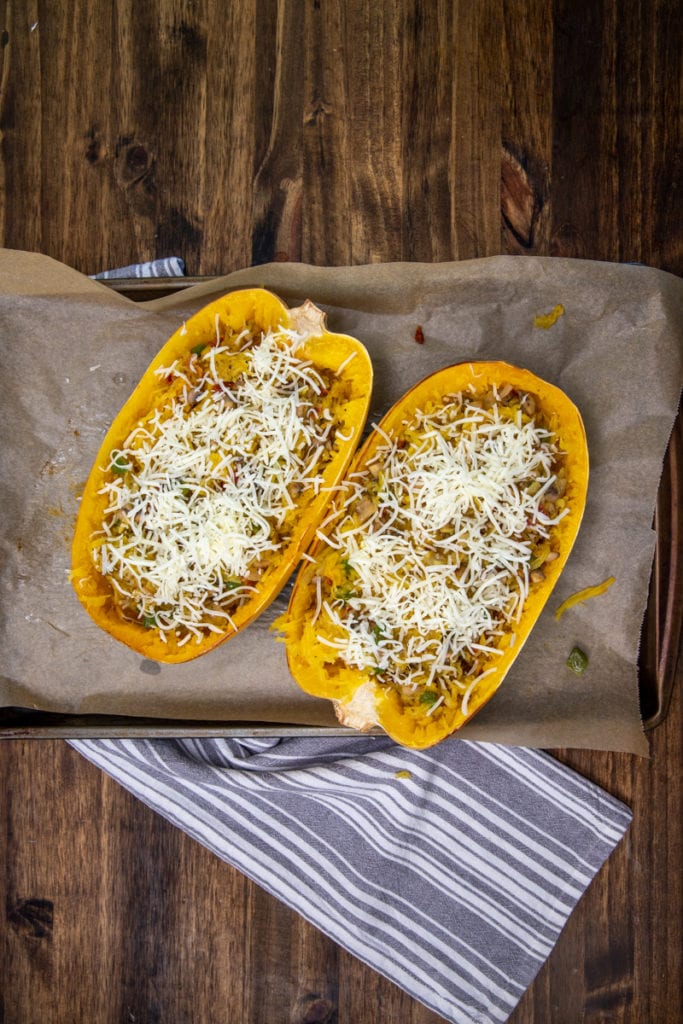 Italian baked spaghetti squash with cheese before baking