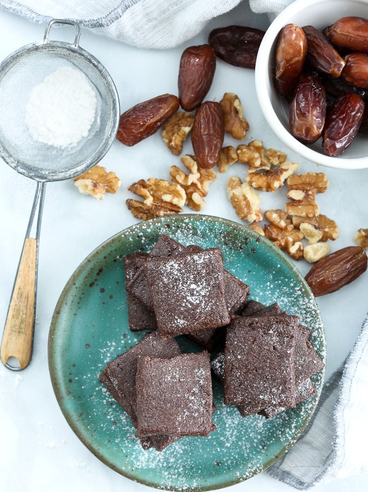 clean eating no bake brownies recipe overhead shot with walnuts and dates