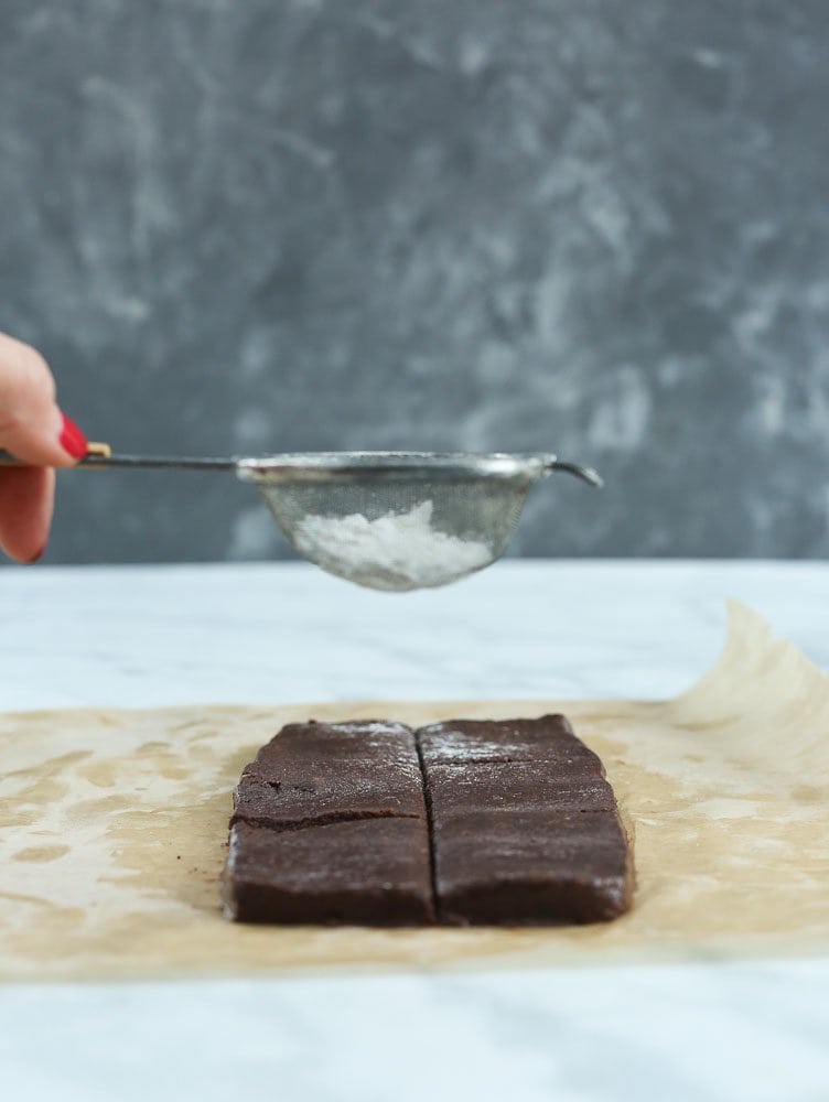 clean eating no bake brownies-sprinkle with powdered sugar